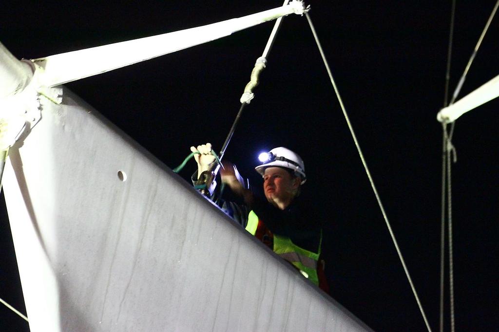 Looking more like miners than riggers - working on the forestay - KZ-1 Mast removal July 1, 2013 © Richard Gladwell www.photosport.co.nz